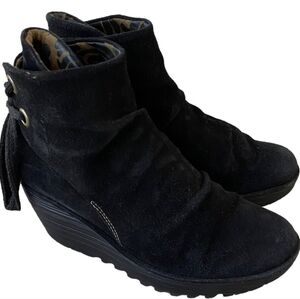 Fly London Yama Suede Ankle Black BohoBooties Tie Back Sz 7.5 Raised Wedge Heel